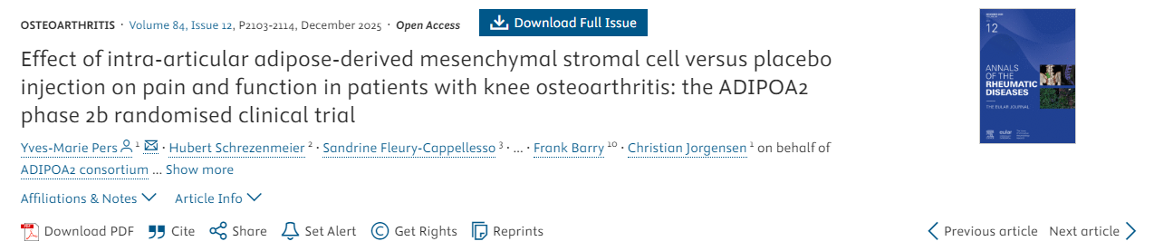 關(guān)節內注射脂肪來(lái)源間充質(zhì)干細胞與安慰劑對膝骨關(guān)節炎患者疼痛和功能的影響：ADIPOA2 2b期隨機臨床試驗
