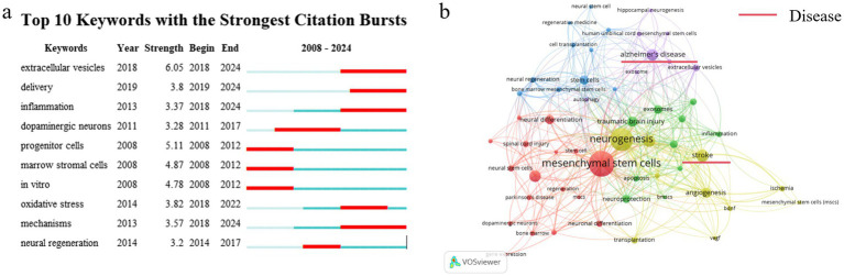 圖3：分析關(guān)鍵詞。（a）引用爆發(fā)力最強的前10個(gè)關(guān)鍵詞。（b）?2008年至2024年關(guān)鍵詞共現圖。