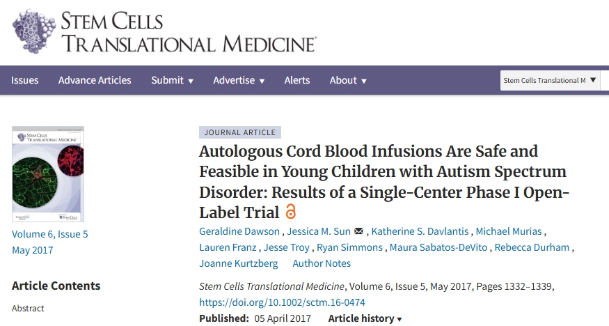 自體臍帶血輸注對于患有自閉癥譜系障礙的幼兒來(lái)說(shuō)是安全可行的：一項單中心 I 期開(kāi)放標簽試驗的結果