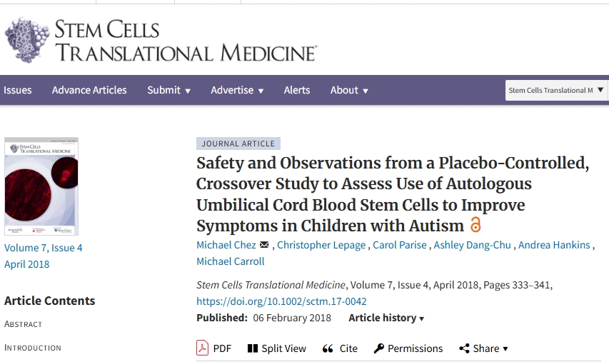 一項安慰劑對照交叉研究的安全性和觀(guān)察結果，旨在評估使用自體臍帶血干細胞改善自閉癥兒童癥狀的效果