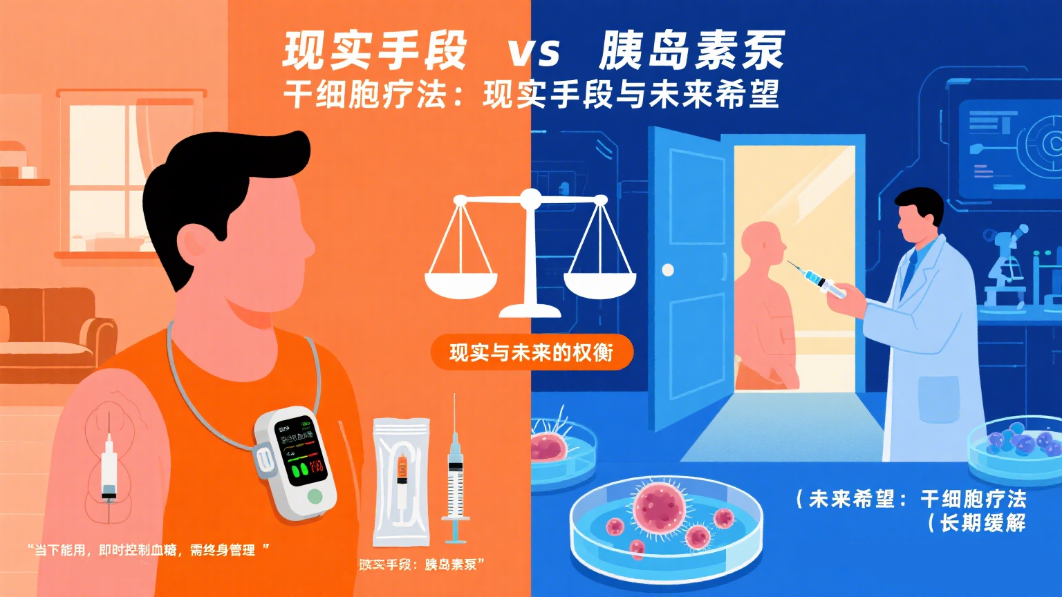 胰島素泵代表的是“當下能用的現實(shí)手段”，而干細胞療法則寄托著(zhù)“未來(lái)可能實(shí)現的希望”