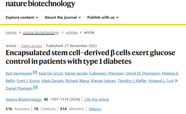 封裝的干細胞衍生β細胞在1型糖尿病患者中發(fā)揮血糖控制作用