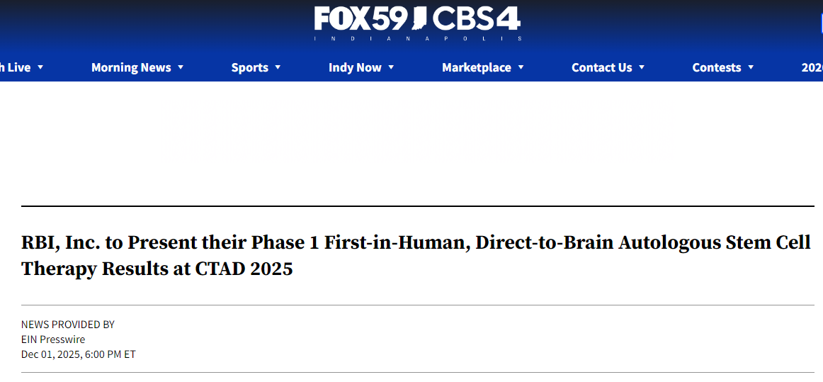 RBI公司將在2025年CTAD大會(huì )上公布其首次人體自體干細胞直接靶向腦部的I期臨床試驗結果。