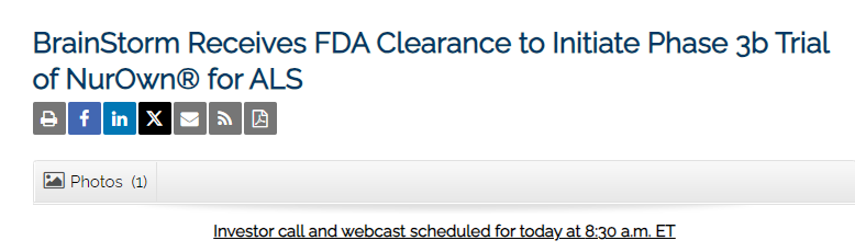 BrainStorm公司獲得FDA批準，啟動(dòng)NurOwn?治療ALS的3b期臨床試驗