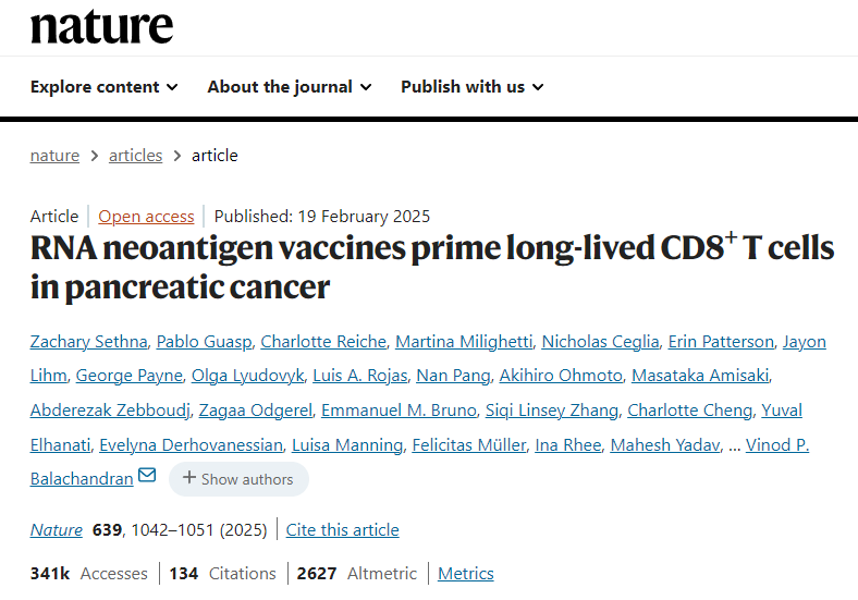 RNA新抗原疫苗可激活胰腺癌中的長(cháng)壽命CD8 + T細胞