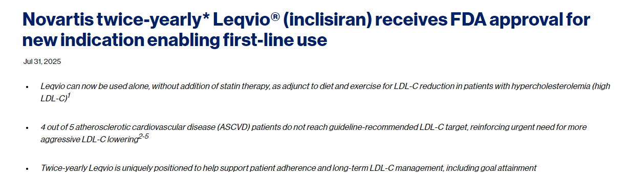諾華公司每半年*推出的 Leqvio?（inclisiran）獲得 FDA 批準，用于新的適應癥，使其成為一線(xiàn)治療藥物。