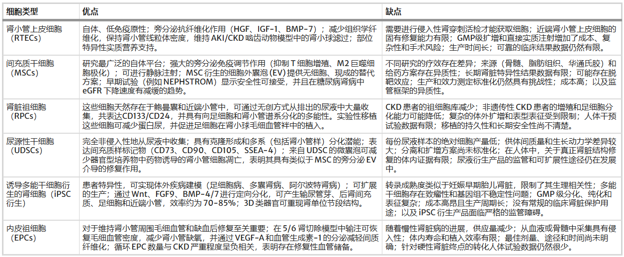 表1簡(jiǎn)要列出了腎臟自體細胞療法的優(yōu)點(diǎn)與局限性。