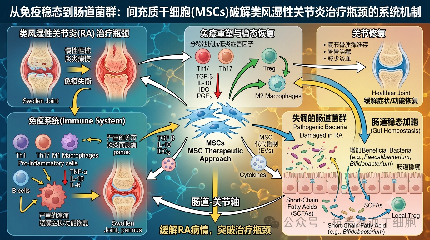 間充質(zhì)干細胞治療類(lèi)風(fēng)濕性關(guān)節炎的機制示意圖