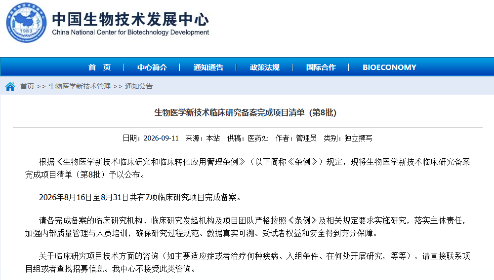 生物醫學(xué)新技術(shù)臨床研究備案完成項目清單(第8批)